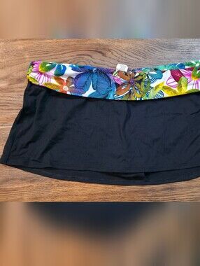Black Swim Skirt with Multicolor Leaf Waistband